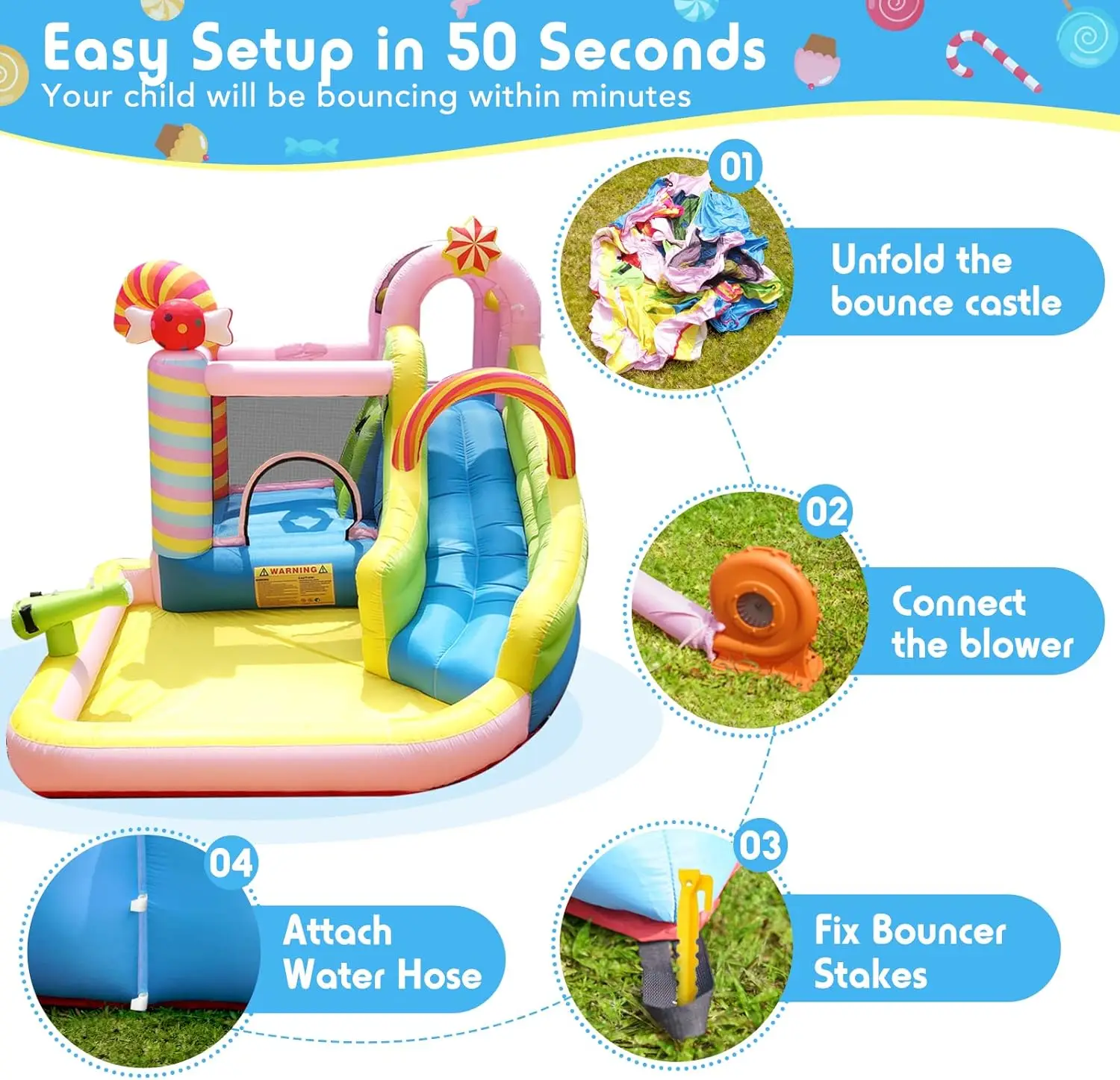 Castello Gonfiabile con Scivolo d'Acqua Secco/Bagnato Combo con Soffiatore da 450W Piscina di Palline Scivolo per Feste per Bambini in Giardino Regali - immagine 5