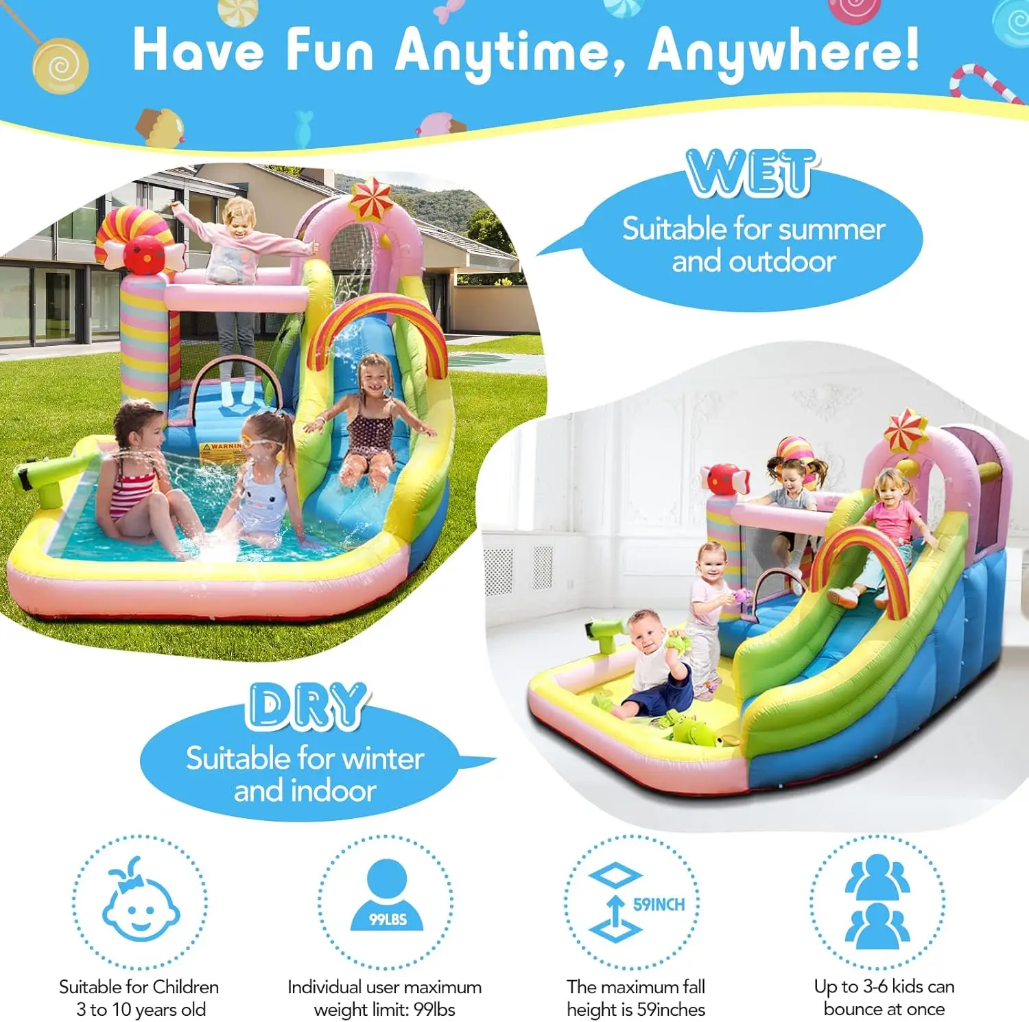 Castello Gonfiabile con Scivolo d'Acqua Secco/Bagnato Combo con Soffiatore da 450W Piscina di Palline Scivolo per Feste per Bambini in Giardino Regali - immagine 11
