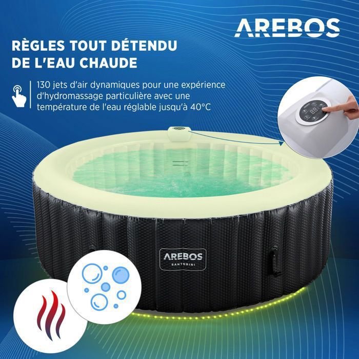 AREBOS Santorini Vasca idromassaggio gonfiabile 208 cm 6 Persone 130 Getti massaggianti 1000 L con LED - immagine 3