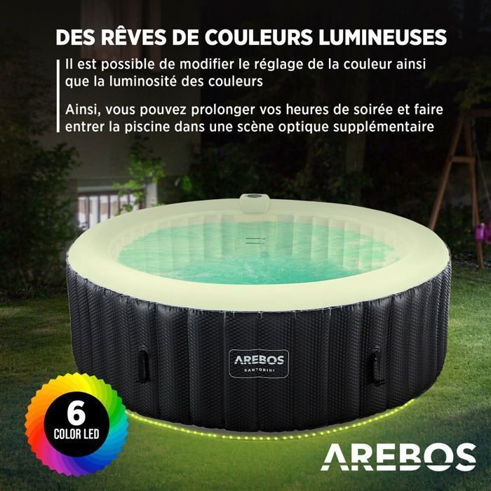 AREBOS Santorini Vasca idromassaggio gonfiabile 208 cm 6 Persone 130 Getti massaggianti 1000 L con LED - immagine 4